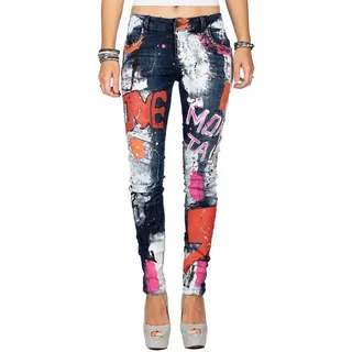 Cipo & Baxx Bikerjeans Damen Slim Fit Hose BA-WD399 mit Nieten Prints im Auffälligen Design blau 28