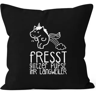 MoonWorks Kissenbezug pupsendes Einhorn Unicorn Fresst Glitzer Pupse Ihr Langweiler Kissen-Hülle Deko-Kissen 40x40 Baumwolle Schwarz Unisize