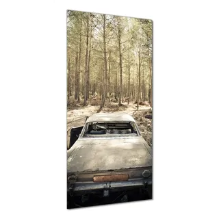 Wallario selbstklebende Duschrückwand 70 x 200 cm mit Motiv Verrosteter Oldtimer im Wald - Wandverkleidung mit Hochglanzlaminat in Glasoptik - Gelb