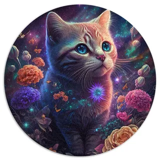1000-teiliges rundes Puzzle, Katze und Blume, Neon, kreisförmige Puzzles für Erwachsene und Kinder, Kartonpuzzle, Heimdekoration, Puzzle-Spielzeug (Größe 67,5 x 67,5 cm)