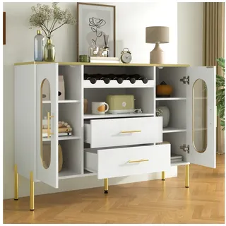 STILVORA Sideboard Sideboard mit Glasfronten,Weinregal&Verstellbarer Fuß,Kommode weiß (Weinregal, Wohnzimmerschrank, 1 St., Glasfronten), Verstellbarer Fuß weiß 120 cm x 90 cm x 38 cm