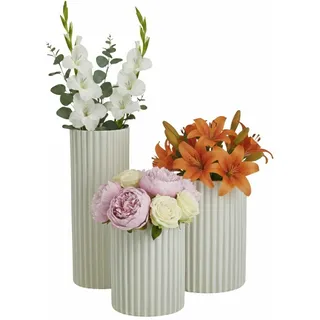 Set Aus 3 Modernen Cremefarbenen Rippenvasen