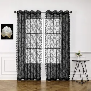 Schwarze Spitzenvorhänge für Schlafzimmer, 239.7 cm lang, Vintage-Stil, französische Blumenstickerei, durchscheinender Voile-Vorhänge, strapazierfähiger Rosen-Spitzenstoff, 140.7 cm breit, 2 Paneele