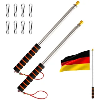 ToKinCen 2 Stück 3 m Haltbare Edelstahl Teleskop-Fahnenstange, Handheld mit festen Klammern, ausziehbarer Teleskopstange, für Camping, Reisen, Ausflüge, Wettbewerbe, auch für Lehrer und Reiseleiter