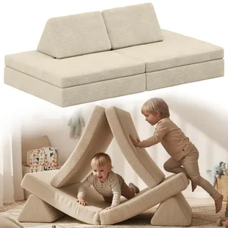 Bellabino Nile Spielsofa Maxi 4-TLG. für Kinder – Kindersofa Cord in Beige – Spielesofa Schaumstoff Bausteine – modulare Kindercouch ausklappbar mit waschbarem Bezug – Sofa Kinderzimmer Kuschelecke