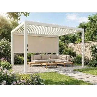 Premium Pergola Mirador Lamellendach, Pfostenstärke 11 x 11 cm, inkl. Sonnenrollo 4 m 300 x 400 cm latte - ähnlich RAL90 - Weiß