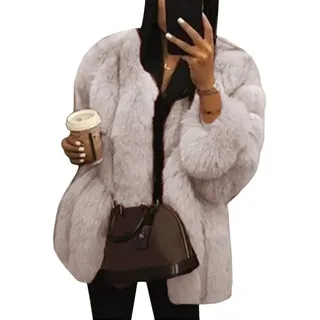 Onsoyours Weiße Faux Fake V-Ausschnitt Langarm Dicker Oversize Winter Kunstfell Pelzmantel Felljacke Damen M - M