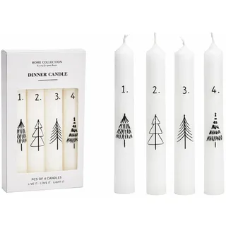 Adventskerzen Zahlen 1–4 mit Tannenbaum – 4er Set Tafelkerzen Weiß Schwarz – Spitzkerzen für Adventskranz & Adventsgesteck – moderne Weihnachtsdeko – 20 cm Ø 2,2 cm