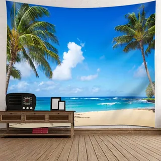 Tapisserie Landschaft, 260x240cm Palme, Meer, Strand Natur Landschaft Wandteppiche Wandtuch Deko Schlafzimmer | Blau Grün