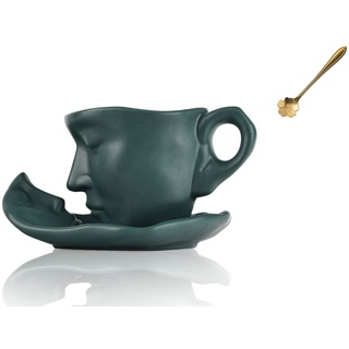 JTBDWOSK Kreatives Gesicht Keramik-Kaffeetassen Set mit Untertasse,Cappuccino Latte Tasse und Untertasse,Espresso-Kaffeetassen,Mikrowelle und Geschirrspüler sicher,Grün