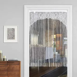 BESTORI 2 Stück Fadenvorhang Türvorhang mit Spitze Design Fensterdekoration Böhmische Dekor Perfekt für Fenster Tür Schrank, Weiße Blume, 85cmx130cm