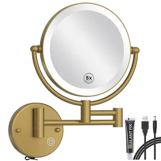 RECKODOR Schminkspiegel Wandmontage,1X5X Vergrößerung Kosmetikspiegel mit Beleuchtung Wand,Messing Badezimmerspiegel,Lichtspeicherfunktion,Rasierspiegel 360° Drehbar, Ausziehbar, USB Wiederaufladbar