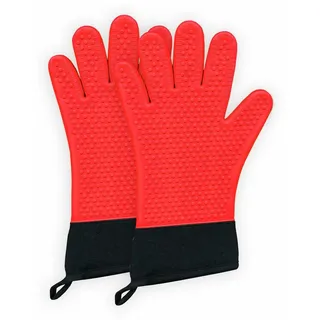 Fire Stone Grillhandschuhe, Silikon Ofenhandschuhe, 1 Paar, hitzebeständig bis 250°C, mit Fingern, 34x20 cm rot