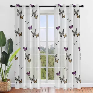 ENEN 2er Set Scheibengardinen, Modern Halbtransparent Bistrogardine, Schlaufengardinen Gardinen Küche Türgardine für Kleine Fenster Küche Wohnzimmer Landhaus (140x213cm,Lila Schmetterling)