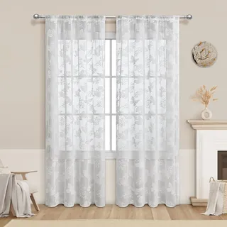 Herfair 2er Set Weiße Spitze Vorhang Blumen Bestickte Spitzengardinen, Transparent Vorhang Spitze Voile Spitzenvorhänge für Schlafzimmer Wohnzimmer Eßzimmer Horror Deko (100 * 130cm)