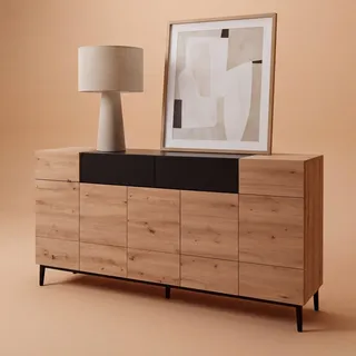 Newfurn Sideboard Wildeiche Schwarz grifflos Kommode Wohnzimmer | zweifarbige Holzoptik, konische Metallbeine, Klappen und Türen, Highboard Anrichte, für Flur und Esszimmer
