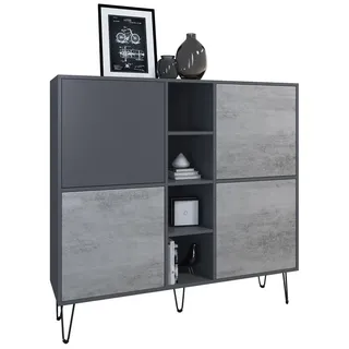 Vladon Highboard Havana V3 (Sideboard mit 4 Türen und 4 offene Fächer, Kommode Made in Germany), Anthrazit matt / Beton Oxid Optik (130,5 x 124 x 35 cm) grau