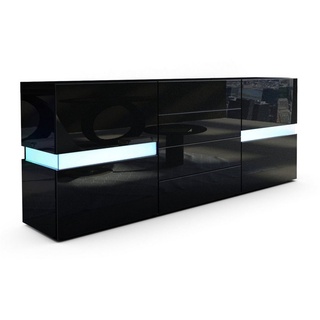 Vladon Sideboard Flow (Kommode mit Ambient Light Verglasung, mit 2 Türen und 4 Schubladen), Schwarz Hochglanz, inkl. LED-Beleuchtung (177 x 75 x 39 cm) schwarz