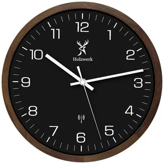 Holzwerk Wanduhr, Dunkelbraun, Schwarz, Weiß, Holz, Glas, Metall, Holz Optik, Rund, 30x30x4.2 cm, Funkuhr, Dekoration, Uhren, Wanduhren