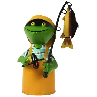 Zaunhocker Frosch Angler mit Fisch 21 cm gelb hellblau Figur aus Blech Metall Petri Jünger Fischer Angel Garten Deko Garten Balkon Dekofigur Pfostenhocker Froschkönig