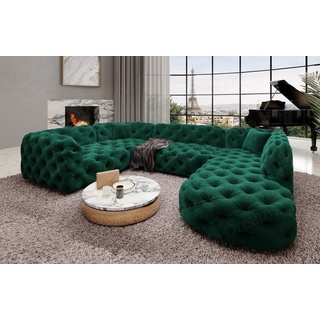 Sofa Dreams Wohnlandschaft Stoff Sofa Design Couch Lanzarote U Form Stoffsofa, Couch im Chesterfield Stil grün