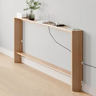 Schmaler Sofatisch, Konsolentisch für Hinter Der Couch, Ablageregal Aus Massivholz für Die Sofarückseite, 2-stufiger Akzenttisch für Eingangsbereich, Flur, Wohnzimmer(Naturholzfarbe - 120x15x69cm)
