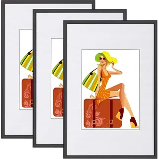Woltu Bilderrahmen, (Set, 3 St), mit Passepartout Kunststoff Rahmen, Glasvorderseite schwarz 30x45cm