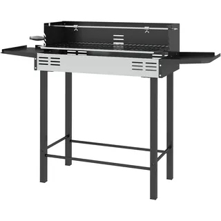 Dreistöckiger Holzkohlegrill Mit Klappbaren Ablagen Und Drehspieß, Edelstahl, 118 X 32 X 90 Cm, Schwarz