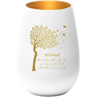 Trauergeschenk Trauerkerze personalisiert Windlicht aus Glas Trauer Geschenk für Hinterbliebene Baum Trauerlicht mit Gravur Gedenkkerze (Weiß)