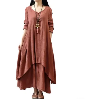 Lässiges Retro-Pastoral-Frauen-Leinenkleid, lockeres langärmeliges übergroßes Kleid, weibliche Frühlingswesten (XXXL Ziegelrot)