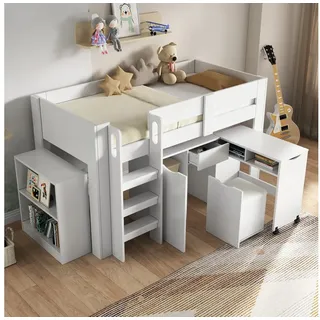 Flieks Hochbett Kinderbett 90x200cm mit beweglichem Schrank, Schreibtisch und Stuhl weiß