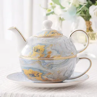FUNNYBSG Tea-for-One-Sets, Bone China Teeservice, handbemalte Goldmalerei, 500 ml Teekanne, 400 ml Kaffeetasse, inklusive dekorativer Geschenkbox, Teeset für Frauen, Männer, Büro, Zuhause, Geschenk,A
