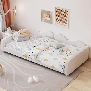 MODFU Schlafsofa Kinderbett 90x200cm mit Lattenrost, Holzbett Tagesbett Daybett Jugendbett Gästebett mit Rückenlehne und Armlehnen, Weiß(Ohne Ma... - Weiß