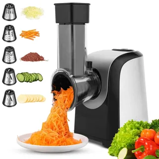 Gemüseschneider Elektrisch 150W Gemüsehobel mit 5 Klingeneinsätzen, Multifunktionsreibe Elektrische Reibe für Käse, Kartoffeln, Karotten, Obst und Gemüse