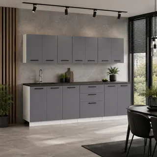 ULWEHOME | Küchenzeile 2,6 m Anthrazit, Küchenmöbel-Set Grafit mit Hängeschränken, 3-Schubladen-Unterschrank & geteilten Arbeitsplatten 180 cm - Grau
