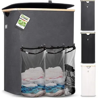 HENNEZ Wäschebox 150L - Wäschekorb 3 Fächer 60 cm Breit, Deckel Wäschesortierer mit Wäschesack - Laundry Baskets - Wäschetonne - Wäsche Sortiersystem - Wäschesammler - Washing Basket - Grau