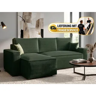 Ecksofa, Ecksofa mit Schlaffunktion, Eckcouch mit Bettkasten links-rechts CORD Stoff (Grün) - AMRO - Grün