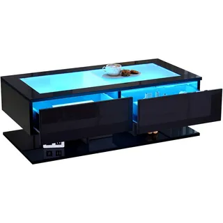 LED Couchtisch 100x50x35 cm mit Glasplatte, Hochglanz Oberfläche, 2 Schubladen, App-Steuerung, Stauraum, USB-Anschluss, Schwarz