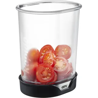 GEFU Scheibenschneider RAPIDO - Gemüseschneider mit Japan-Stahlklingen | Präzise 4 mm Scheiben für Obst und Gemüse - Becher mit Auswerfer - Spülmaschinengeeignet - Sicherer Küchenhelfer aus