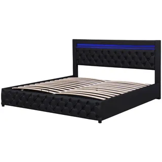 Rutaqian Stauraumbett Polsterbett mit LED-Beleuchtung, Doppelbett 160 x 200 cm, (1-tlg), Funktionsbett mit Lattenrost und Stauraum, in Weiß, PU schwarz