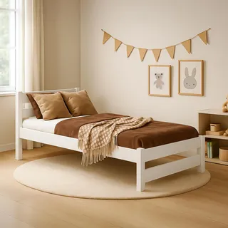 MEBLE WRÓBEL Kinderbett 90x180 cm in Weiß - Jugendbett - Kinder Bett Montessori - Einzelbett aus Kiefer Massivholz – Lattenrost – Tagesbett ohne Matratze