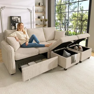 Merax Multifunktionales Ecksofa, 3-Sitzer Polster-Sofa mit Schlaffunktion, mit 2 Staufunktion Hocker, mit 2 Schubladen, modular zerlegbar, Cord-Stoff, für kleine Wohnungen, Beige