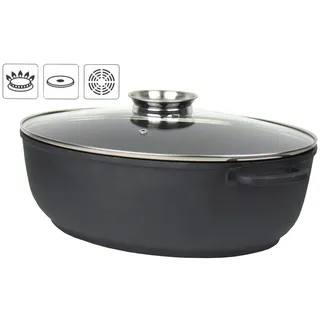 Haushalt International Bräter Aluguss-Bräter mit Glasdeckel inkl. Aromaknopf, Aluminiumguss, Fassungsvermögen ca. 8,5 Liter – für alle Herdarten außer Induktion