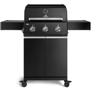 BURNHARD® Gasgrill 3-Brenner, 9,6 kW, Edelstahl-Stabbrenner, Piezo-Zündung, Edelstahlrost, große Grillfläche, Alu-Druckguss-Seitenteile – FRED Base schwarz