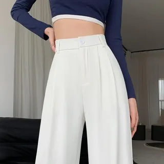 RANRAO Petite Damen-Hose, hohe Taille, weites Bein, locker, lässig, drapiert, gerade Hose, einfarbig, für Freizeit, Urlaub, Schwarz