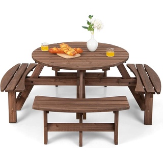COSTWAY Picknicktisch Set Holz für 8 Personen, Gartentisch mit Schirmloch & 4 Bänken, Terrassenmöbel Gartenmöbel Essgruppe für Garten, Terrass...