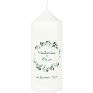 Livingstyle & Wanddesign Kerze zur Hochzeit mit Datum und Namen Blüten Mint, Hochzeitskerze weiß, personalisierte Traukerze 7,9x20cm