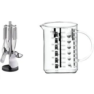 WMF Profi Plus Küchenhelfer Set 7-teilig, Ständer mit 6 Helfern, Schöpflöffel, Schaumlöffel, Wokwender & Gourmet Glas Messbecher 1l, hitzebeständiges Glas, Skalierung für Liter, Milliliter