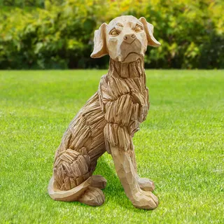 HomeZone Groß 35cm Rustik Holz Effekt Sitzen Labrador Hund Skulptur Treibholz Heim Garten Figur Rasen Statue Wetterfest Polyresin Material