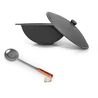 Gusseisen Kazan 10 L Set – Usbekischer Kasan Ø 36,7 cm mit Aluminium-Gussdeckel & Schaumlöffel 48 cm | Dickwandig 7 mm | Schmortopf Wok für Plov, Gulasch, Outdoor & Lagerfeuer